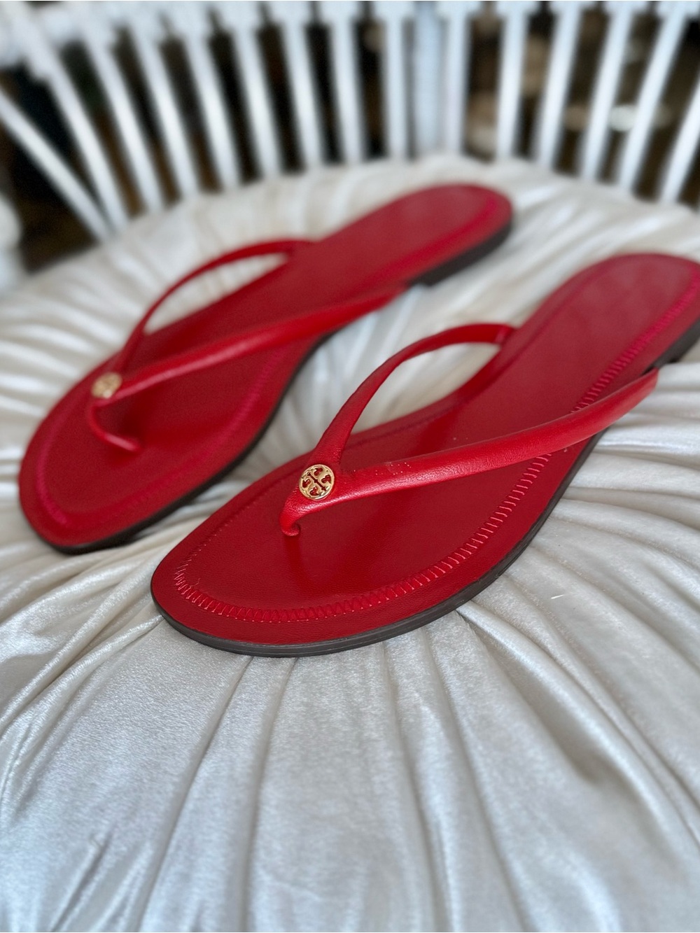 Tory Burch leather Red Women's Flip Flop Sandals with Gold Accent